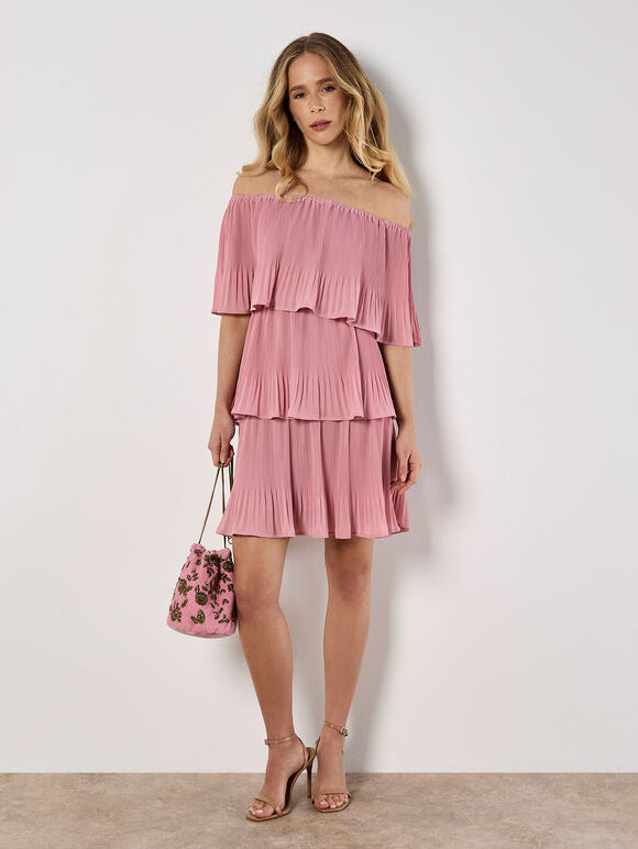 Plisse Tiered Bardot Mini Dress, Lilac, large
