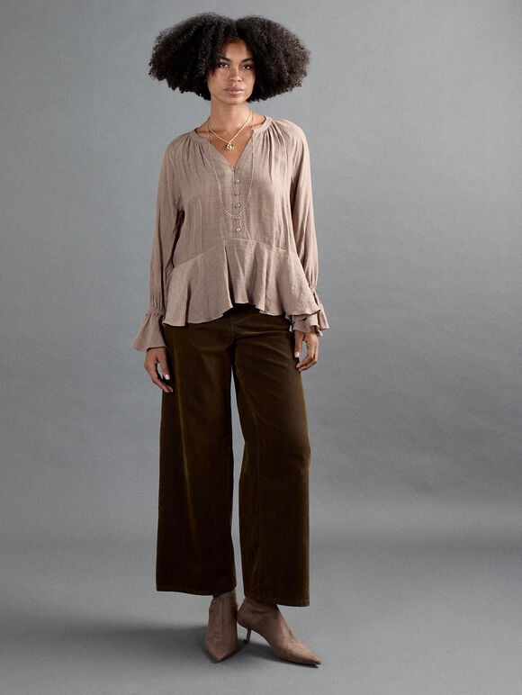 Flora Velvet Denim Wide-Leg Jeans, Brown, large