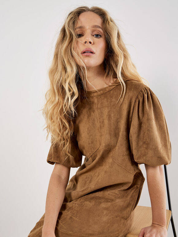 Suede Shift Mini Dress, Brown, large