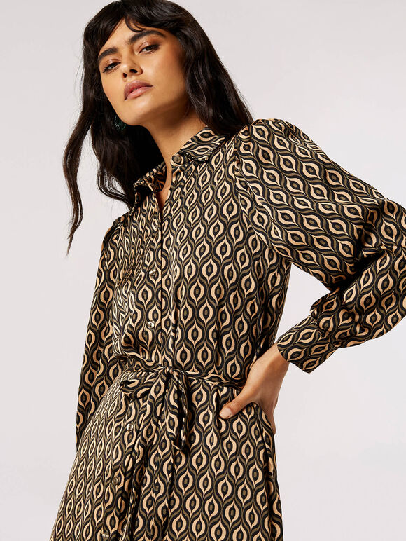 Geometric Satin Shirt Midi Dress, Khaki, large