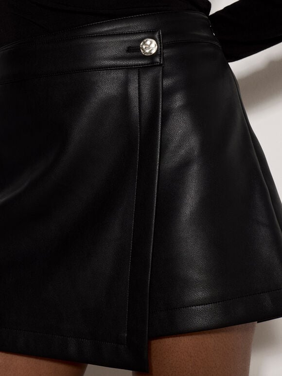 Faux Leather Wrap Mini Skort, Black, large