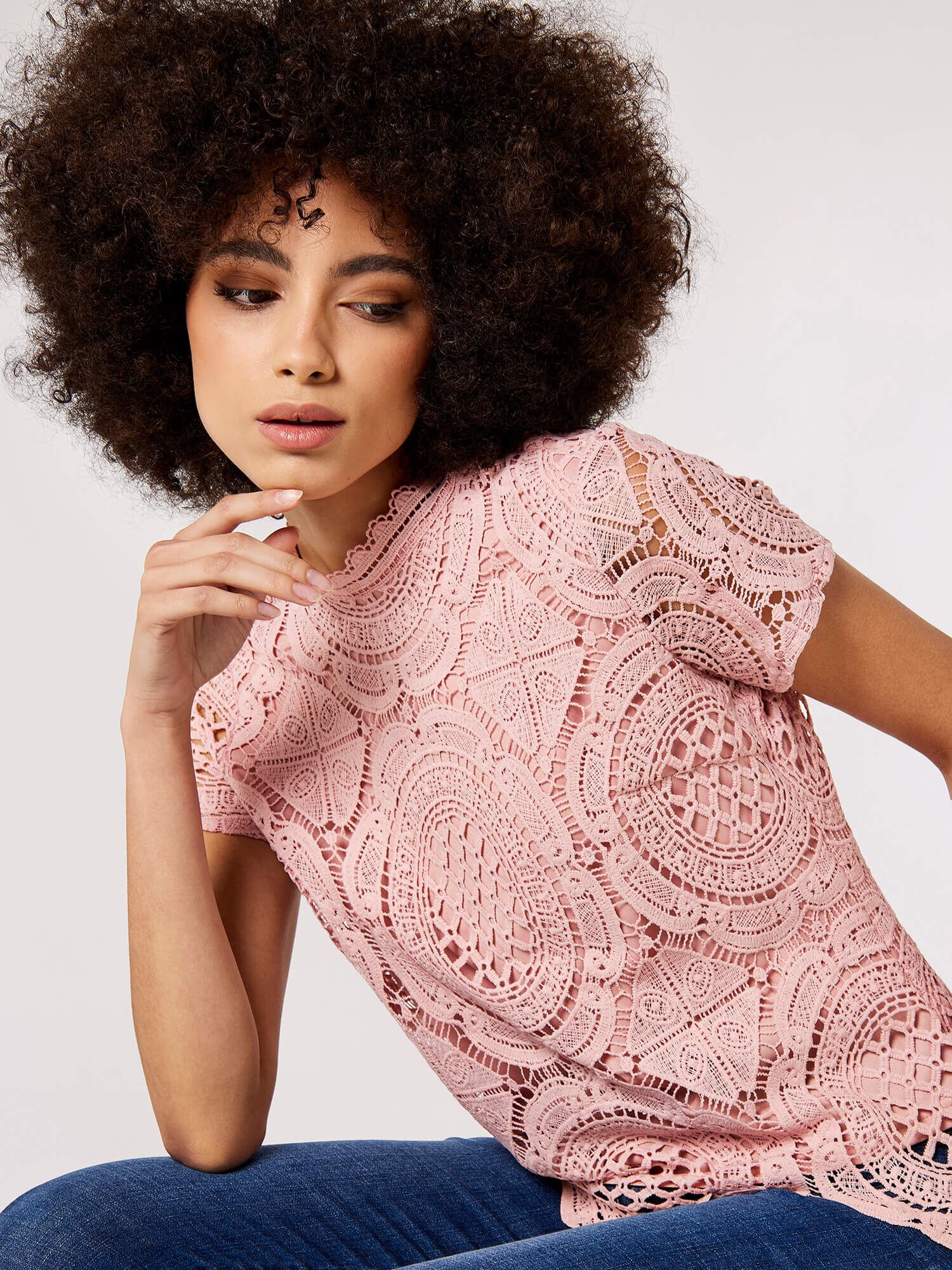 High Neck Lace Top Apricot Clothing