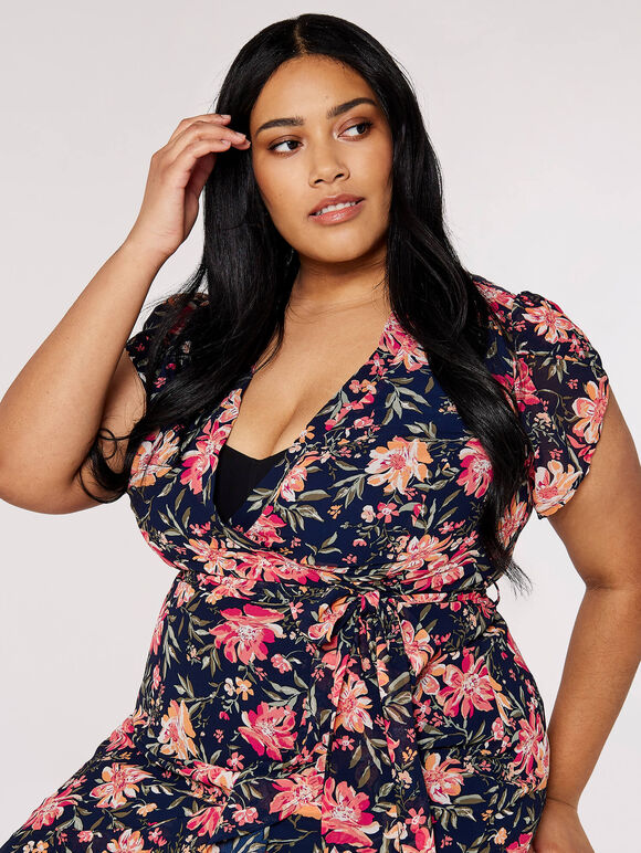 Curve Floral Wrap Midi Dress, Navy, large