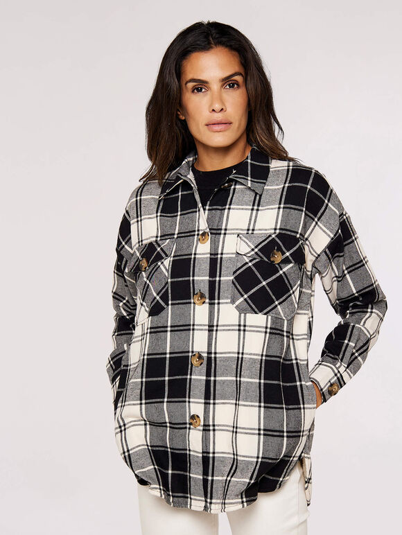 Checked Flannel Shacket, Black, large