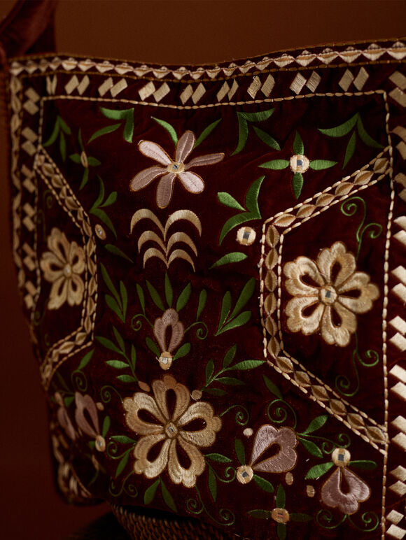 Floral Embroidered Shoulder Bag, Brown, large