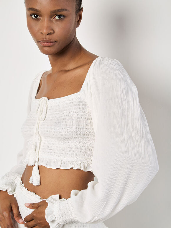 Smocked Crop Top, White, large