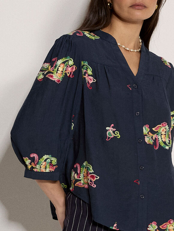 Floral Paisley Embroidered Blouse, Navy, large