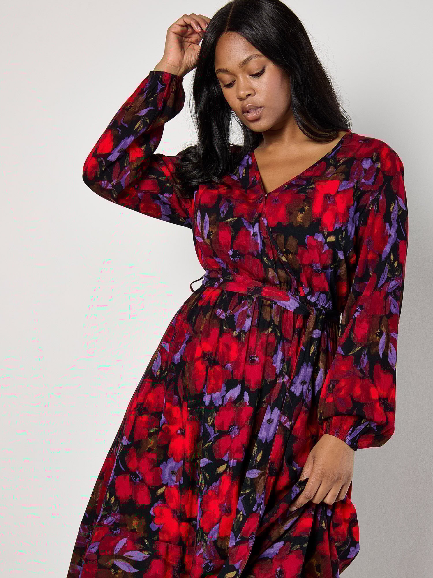 Curve Floral Wrap Midaxi Dress Apricot Clothing