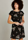 Black Floral Bunches Shirred Waist Dress, Black, large