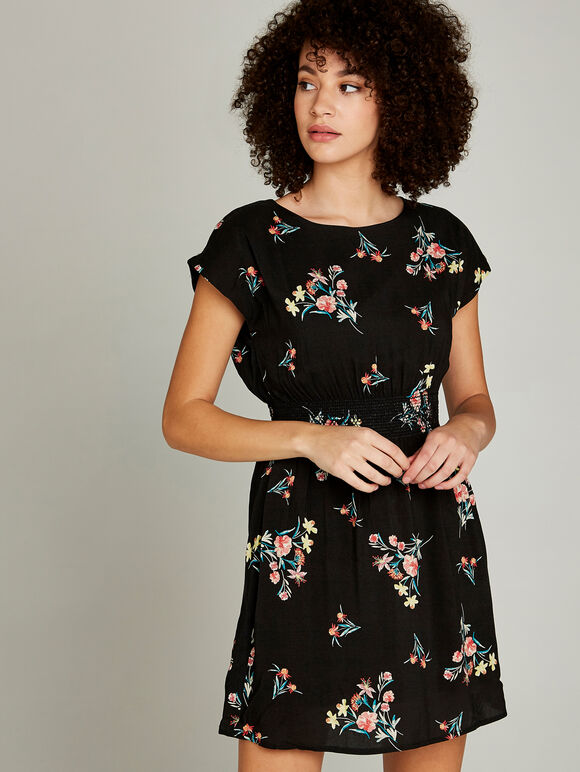Black Floral Bunches Shirred Waist Dress, Black, large