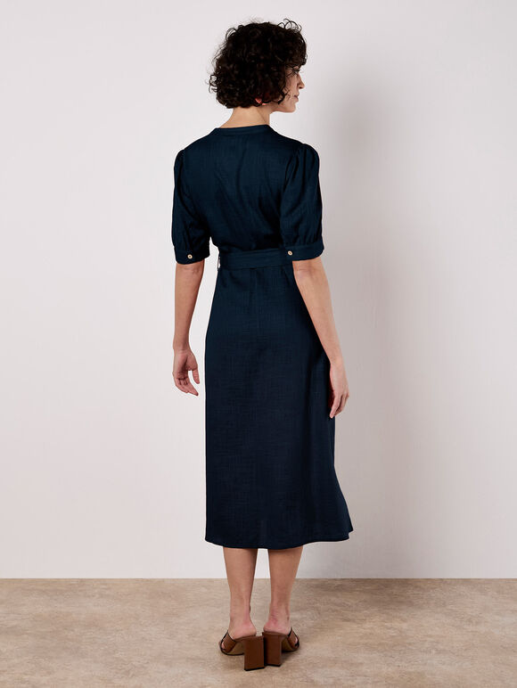 Button Down Linen Blend Midi Dress, Navy, large