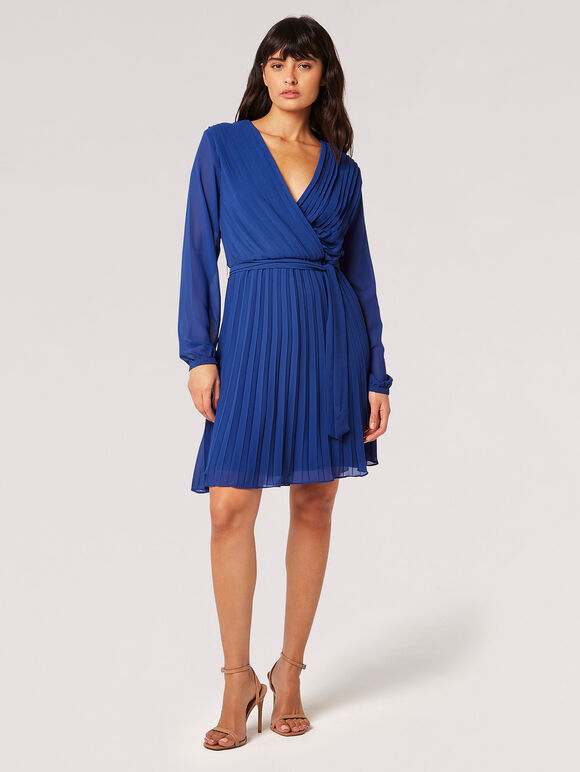 Pleated Chiffon Wrap Mini Dress, Blue, large