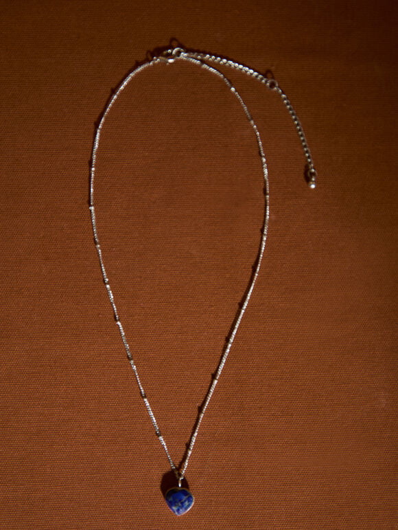 Silver Tone Heart Pendant Necklace, Blue, large