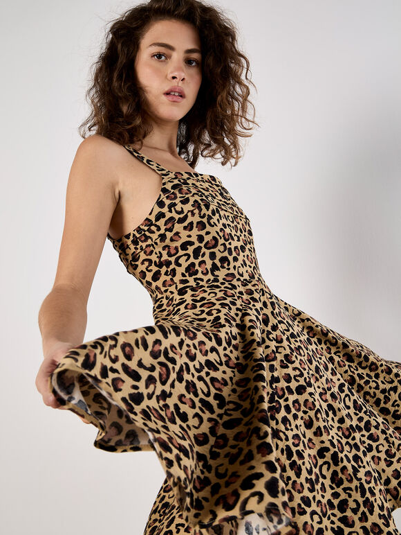 Animal Print Skater Mini Dress, Stone, large
