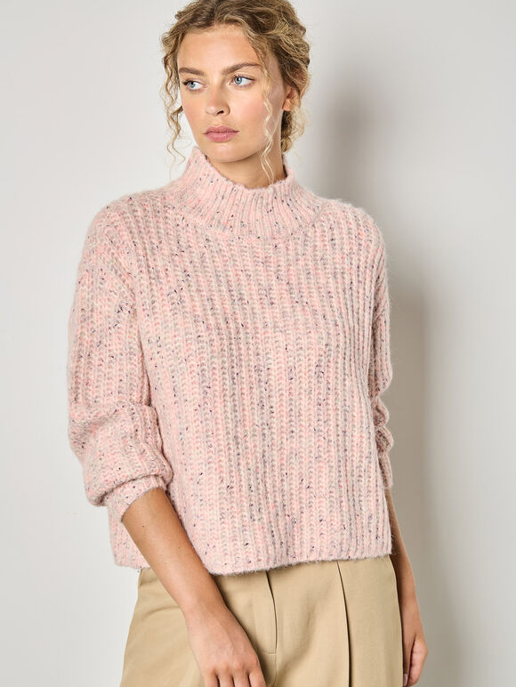 Fisherman Knit Flecked Jumper, Pink, large