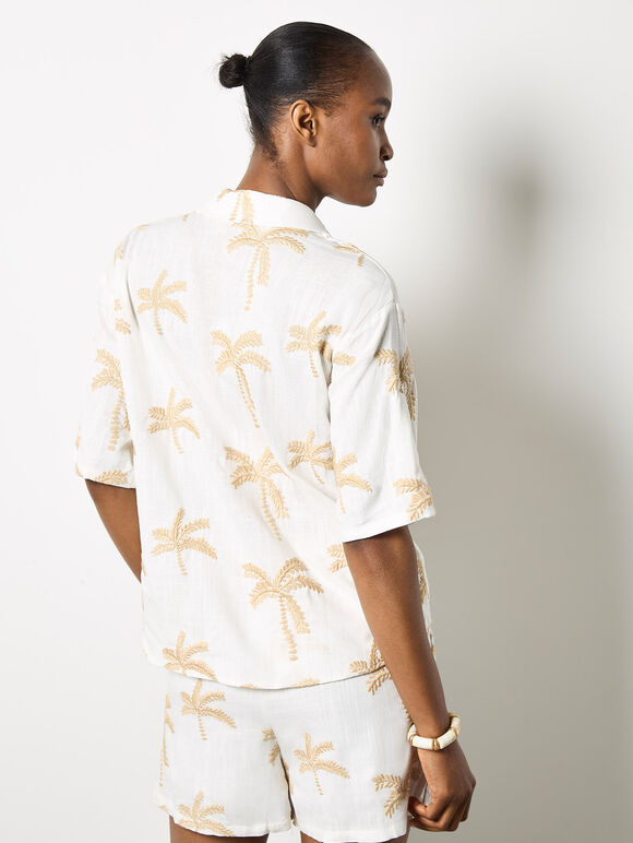 Embroidered Palm Trees Shirt, Cream, large