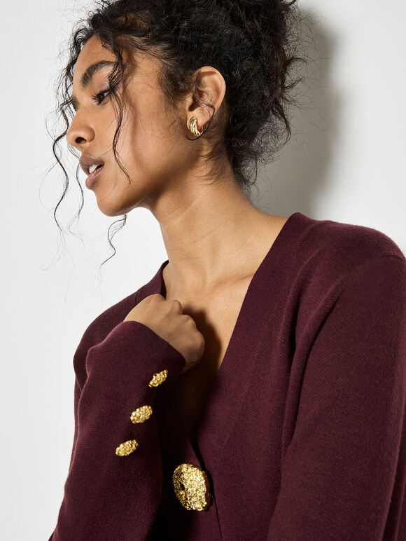 Statement Hammered Buttons Lightweight Cardigan, Burgundy, large