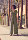 Button Down Wide Leg Jumpsuit, Khaki, large