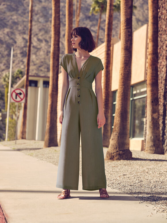 Button Down Wide Leg Jumpsuit, Khaki, large