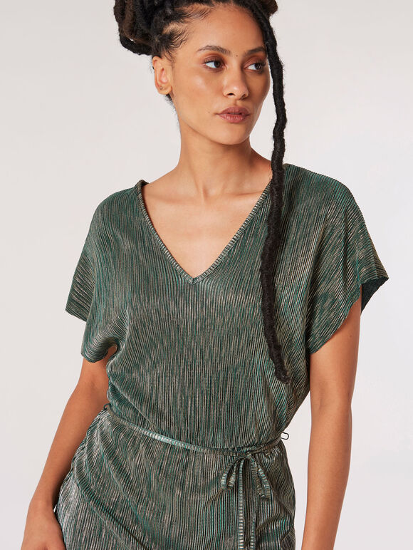 Plisse V Neck Dress, Green, large