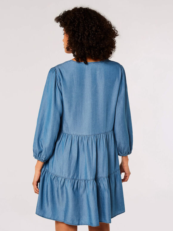 Denim Tiered Mini Dress, Blue, large