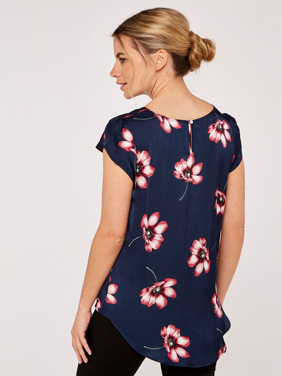 Large Flower Satin Tulip Top, Navy, large