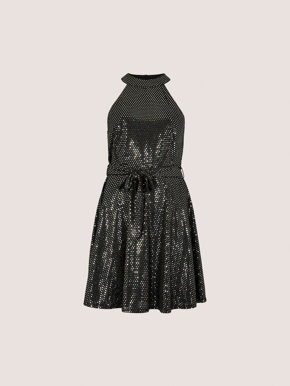 Sequin Embellished Halterneck Mini Dress, Black, large