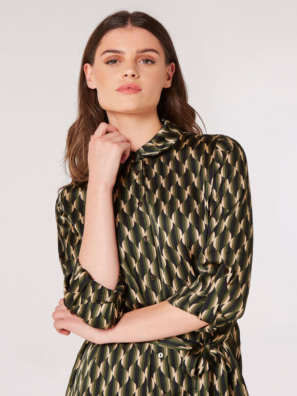 Geometric Wave Shirt Mini Dress, Khaki, large