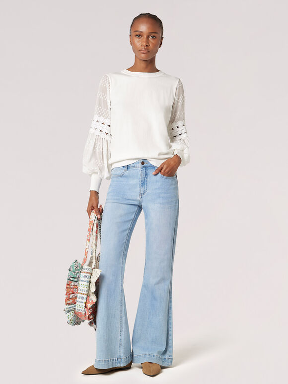 Contrast Chiffon Sleeves Jumper, Cream, large