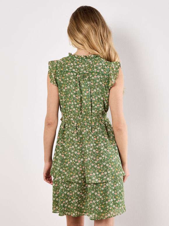 Ditsy Floral Chiffon Mini Dress, Green, large