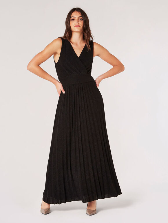 Sparkle Pleated Maxi Dress, Black, large