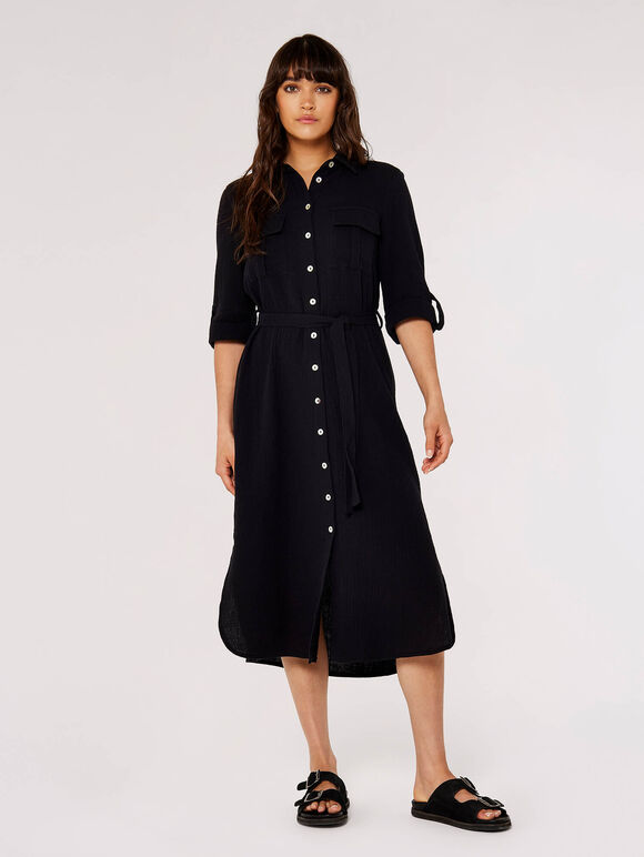 Tera Cotton Shirt Midi Dress, Black, large