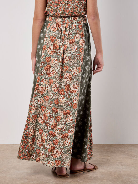 Floral Patchwork Print Midi Skirt, Khaki, large