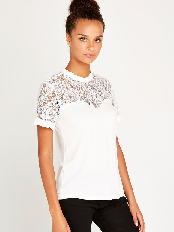 Cream Victoriana Lace Yoke Top, Cream, large