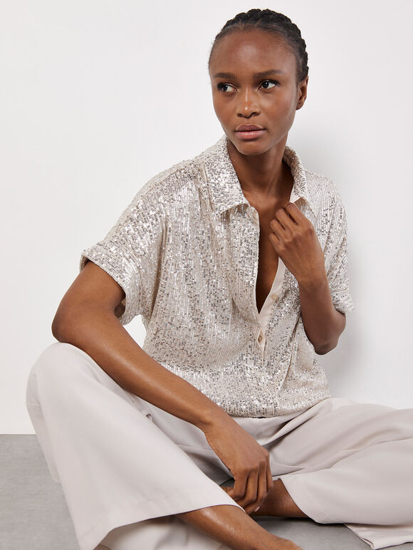 Sequin Embellished Relaxed Shirt, Stone, large