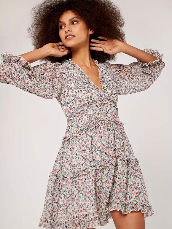 Floral Ruffle Tiered Dress, Cream, large