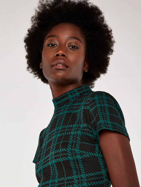 Plaid Knit Jacquard Dress, Black, large