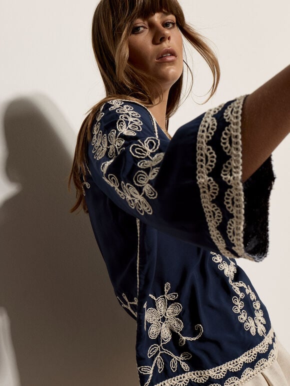 Embroidered Bell Sleeve Top, Navy, large