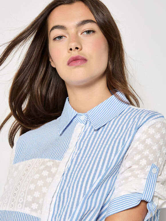 Mix Stripe Embroidered Shirt, Blue, large