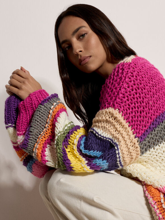 Multicoloured Wave Chunky Jumper, Assorted, large