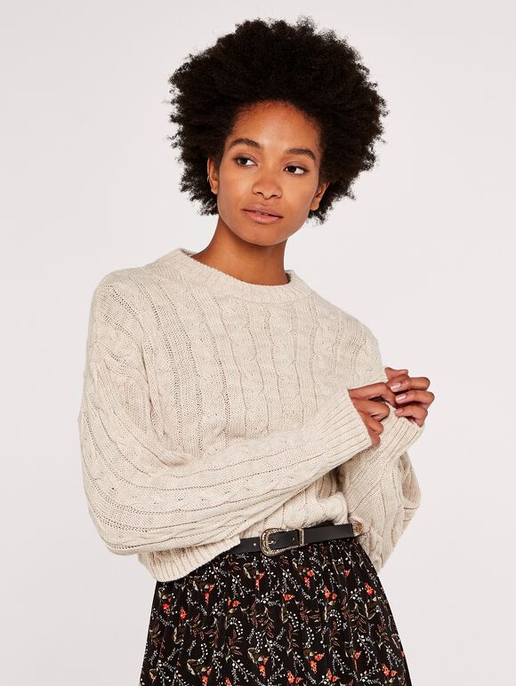 Aran Crop Jumper, Stone, large