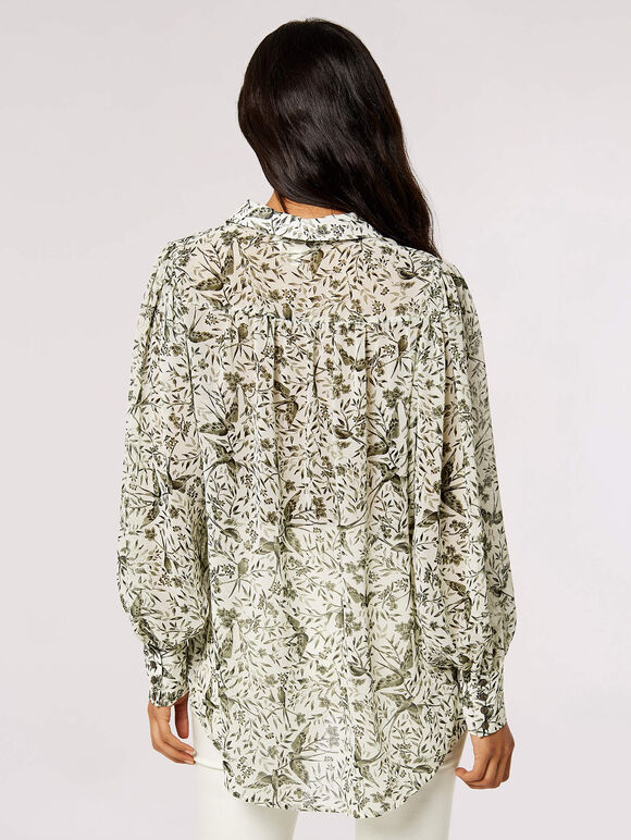 Illustrated Birds Chiffon Shirt, Cream, large