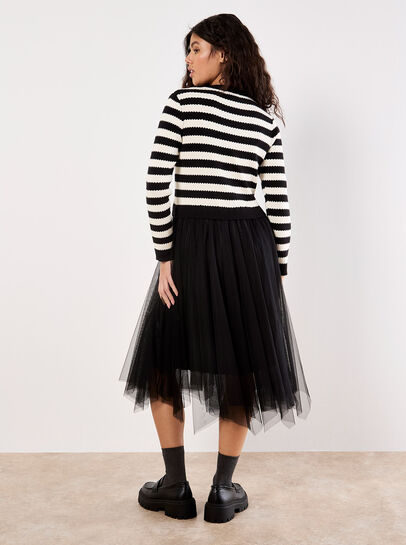 Stripe Knit Bodice Tulle Midi Dress