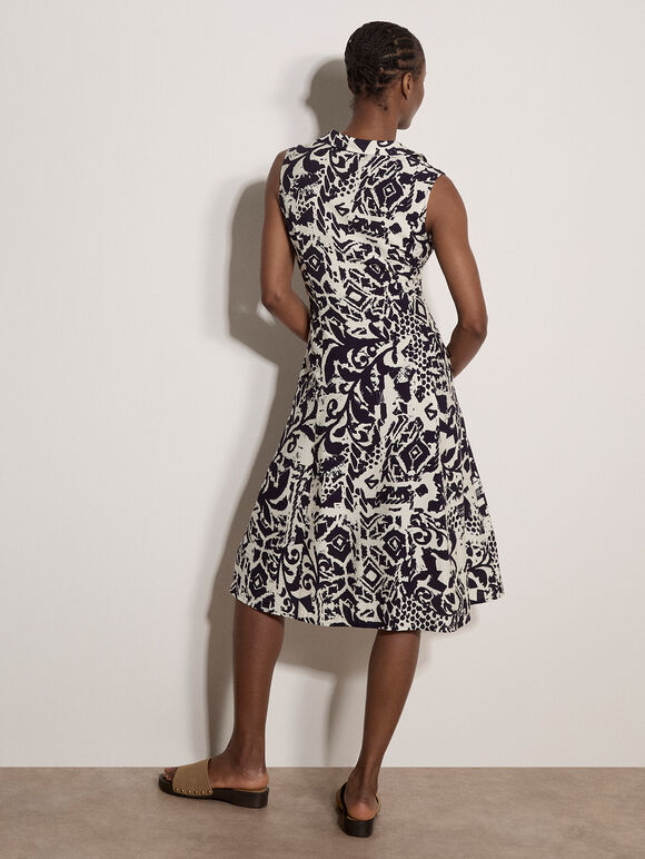 Abstract Tile Crepe Shirt Midi Dress, Navy, large