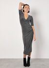 Foil Sparkle Ruched Midi Dress, Black, large