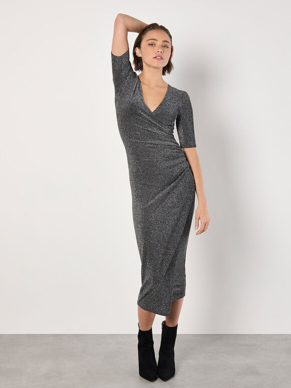 Foil Sparkle Ruched Midi Dress, Black, large