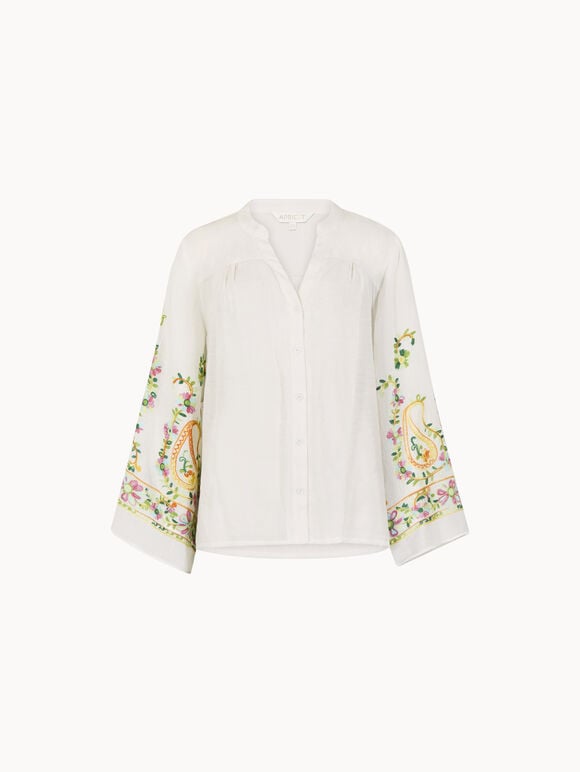 Paisley Embroidered Bell Sleeve Blouse, White, large