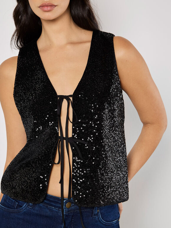Double Tie Sequin Waistcoat, Black, large