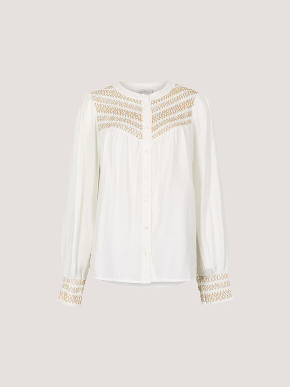 Wavy Embroidered Smocked Blouse, White, large