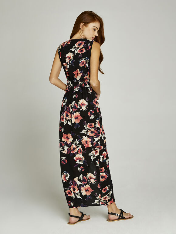 Black Watercolour Zip Front Maxi Dress, Black, large